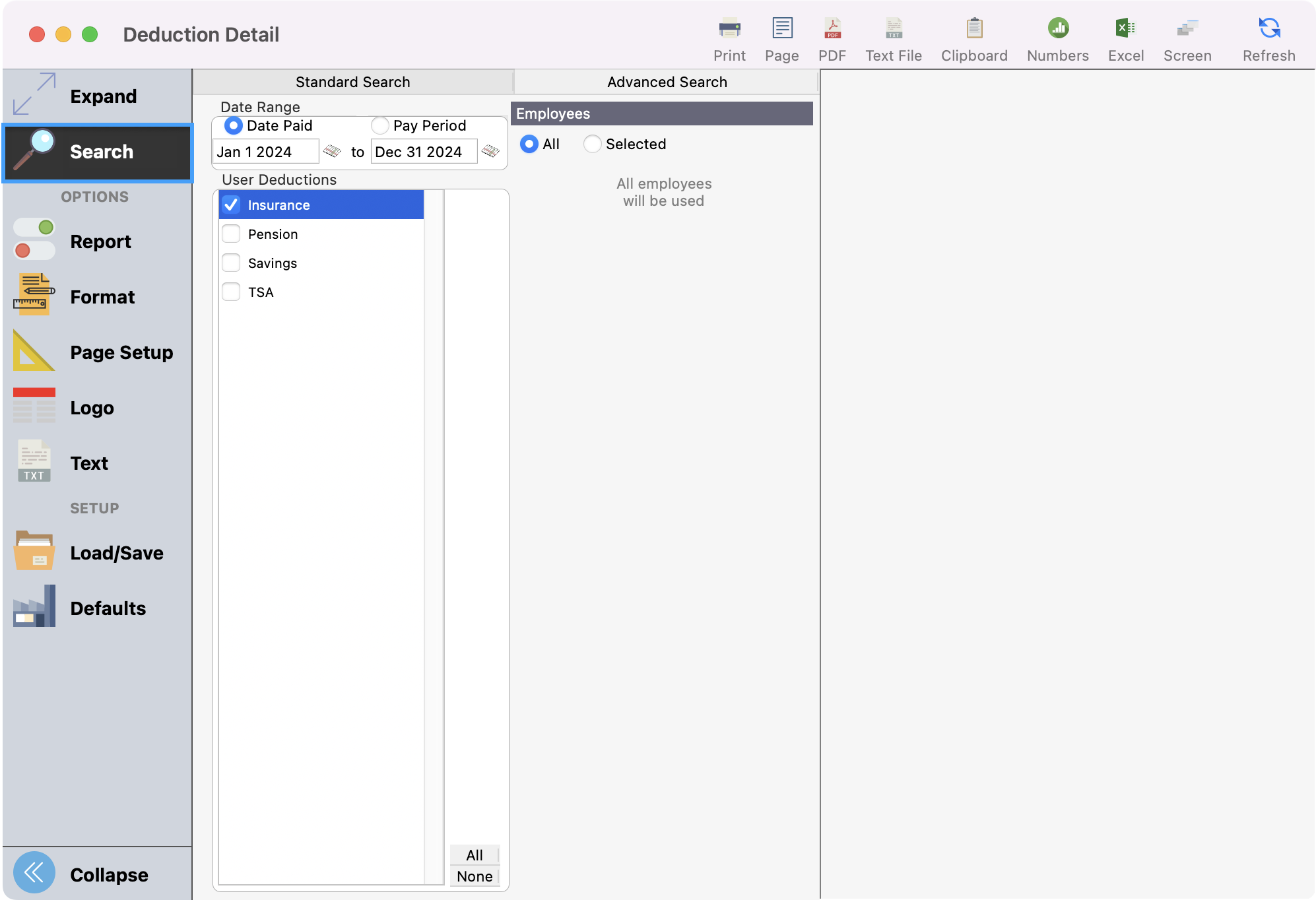 Deduction Detail report window with Search highlighted in the left sidebar. 