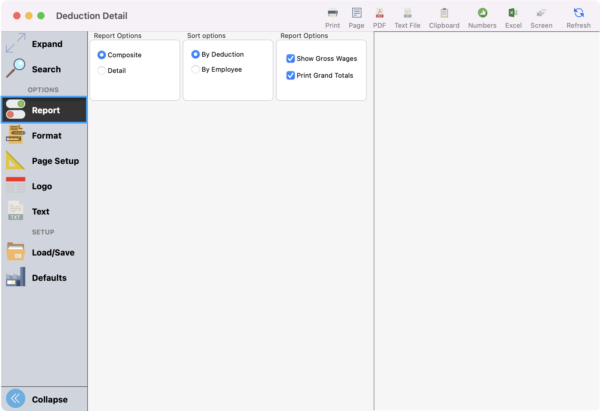 Deduction Detail report with Report highlighted in the left sidebar.