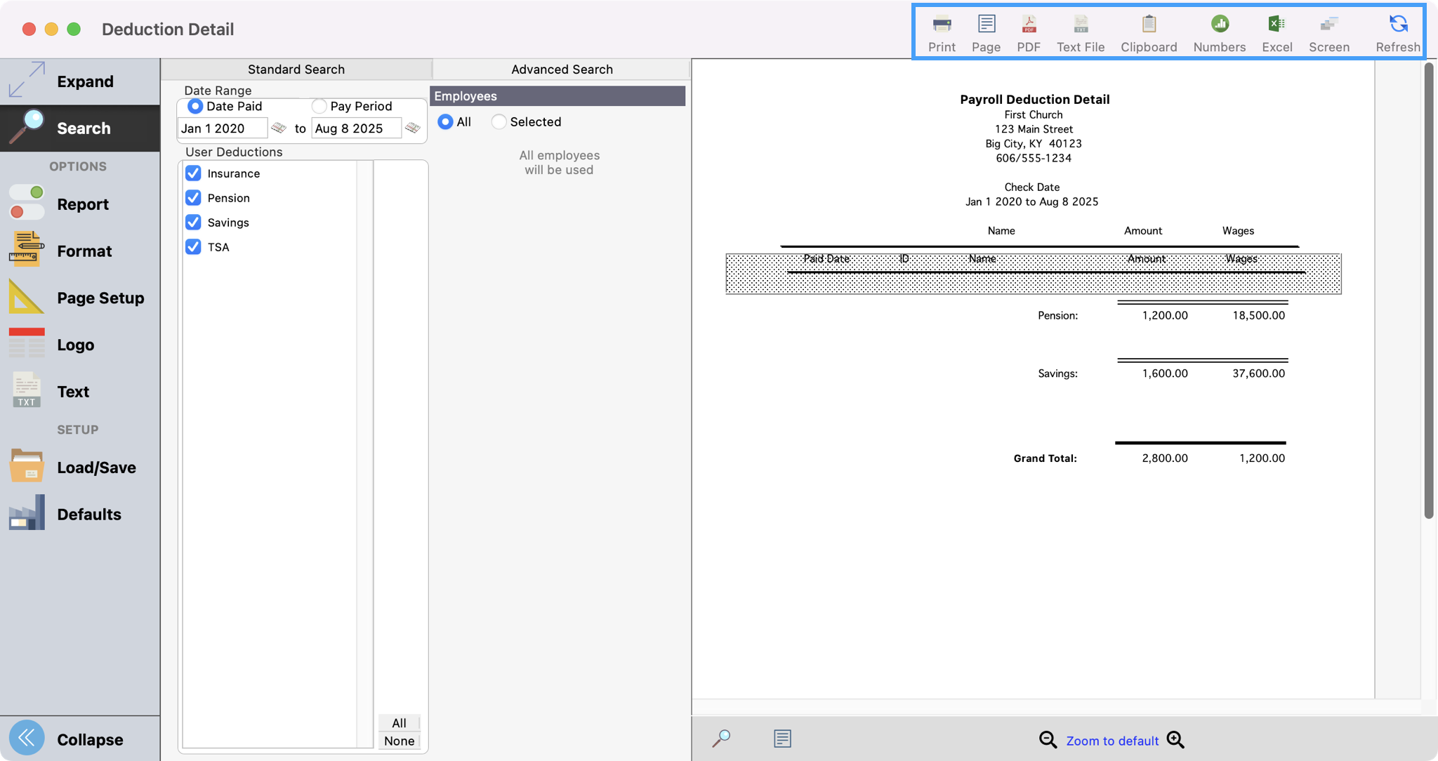 Deduction Detail report window with print, export, and refresh options highlighted. 