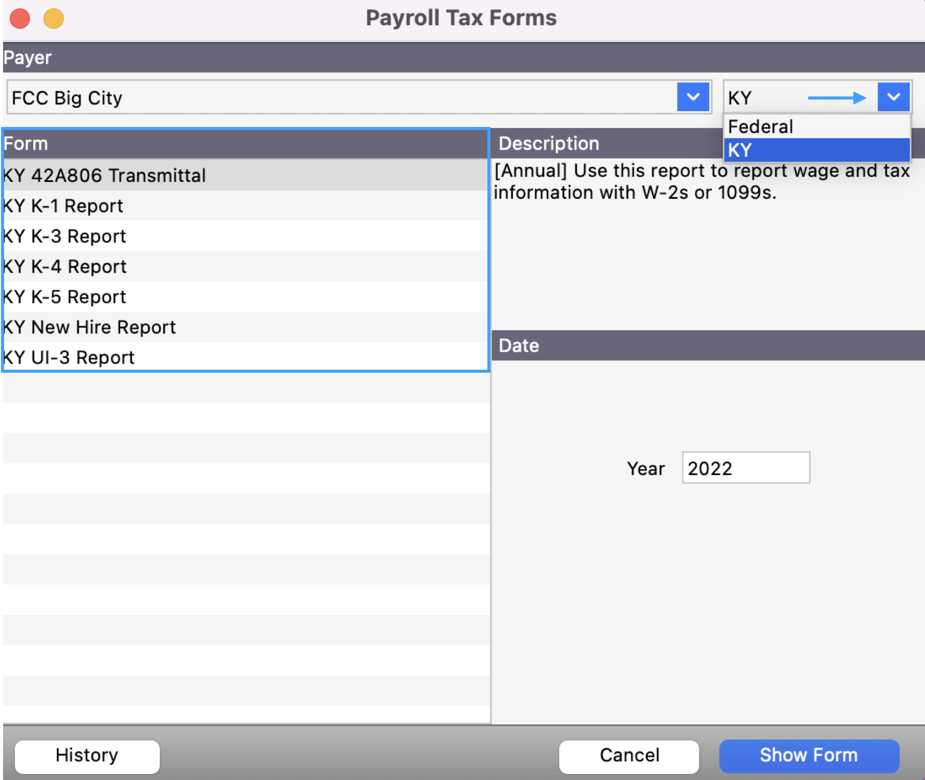 Payroll Tax Forms window with an arrow pointing to the Federal State drop list and the State forms highlighted.