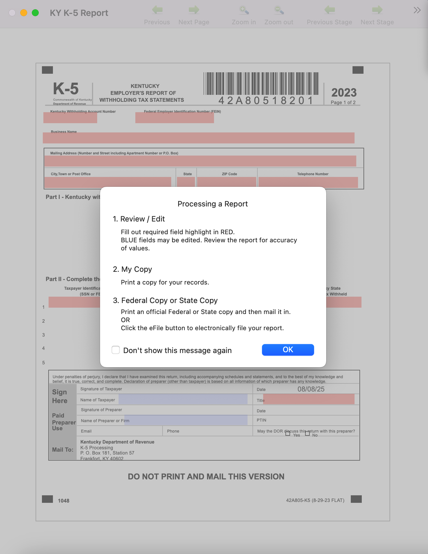 Sample of a state form with the Processing a Report pop-up