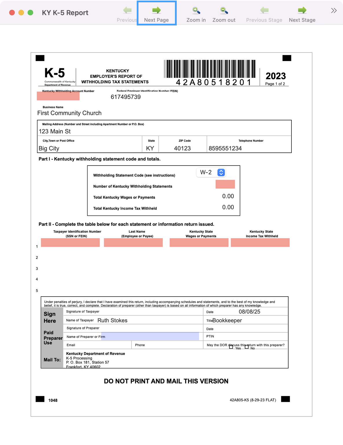 Sample State Form with the Next Page button highlighted.