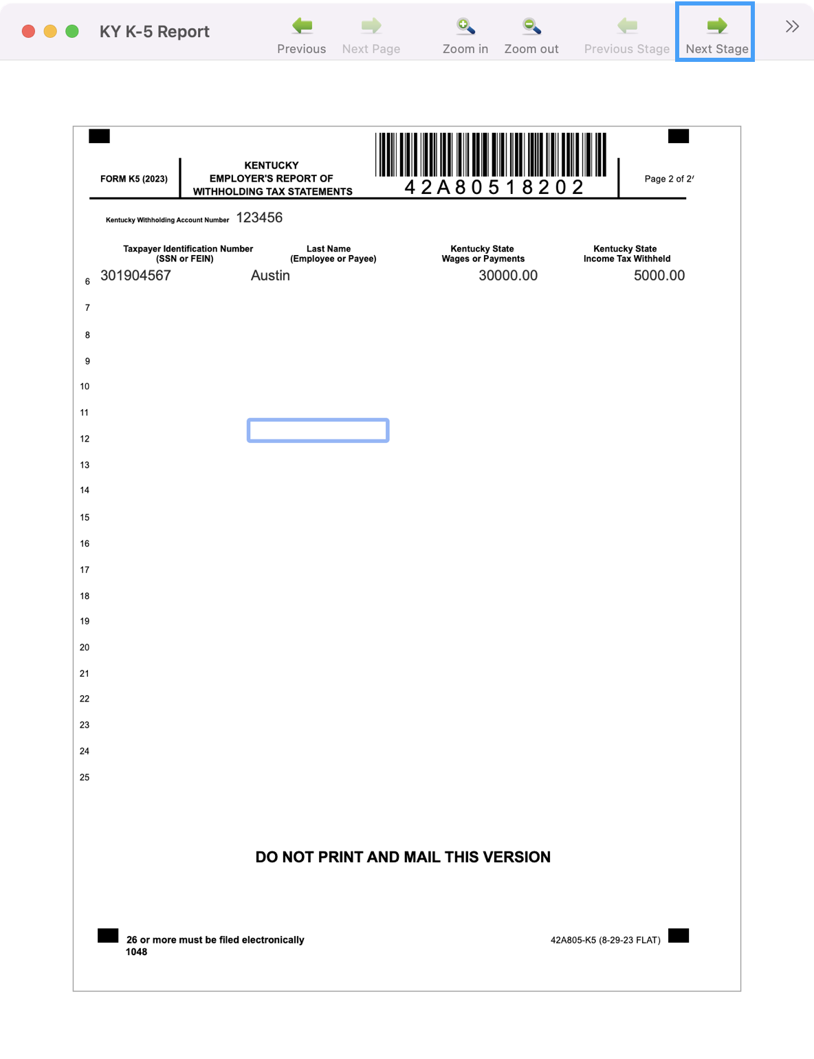 Sample Tax form with Next Stage highlighted at the top.