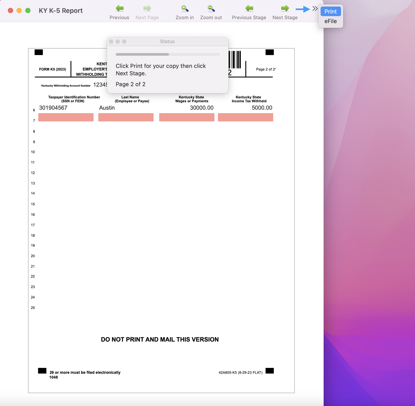 Sample state form with the status pop-up and an arrow pointing to print.