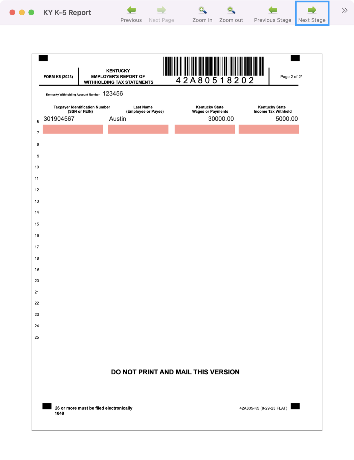 Sample state report with Next Stage highlighted.