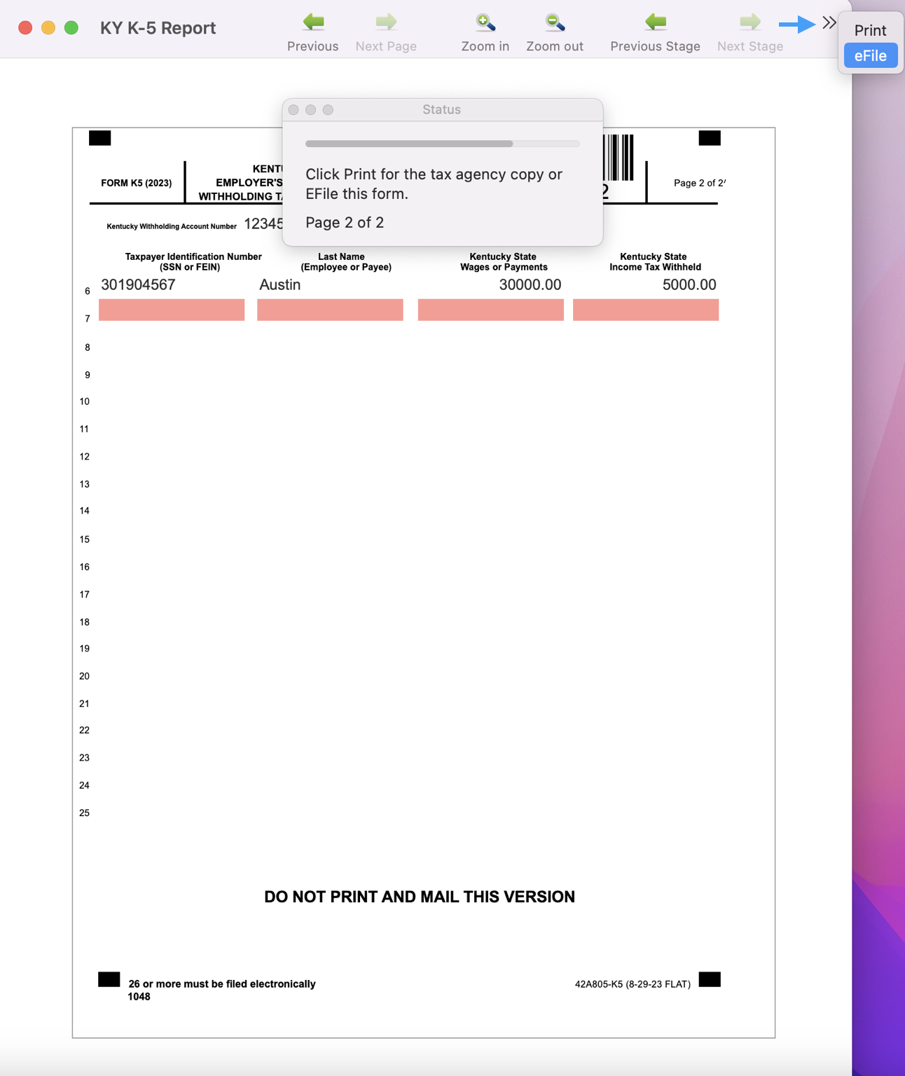 Sample state form with an arrow pointing to the double arrows that shows the option to print or efile. 