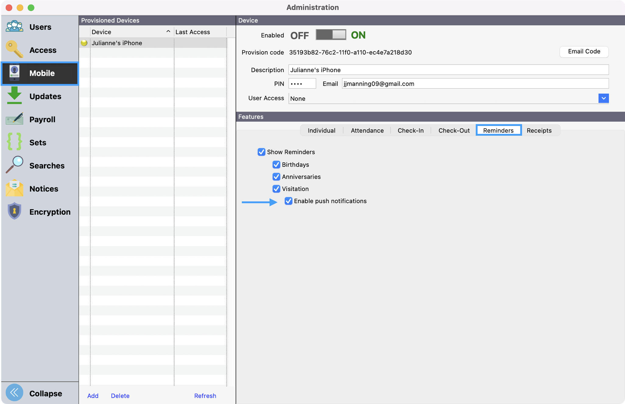 Administration window with Mobile highlighted in the left sidebar, the Reminder tab is highlighted, and there is an arrow pointing to the Enable Push Notification checkbox. 