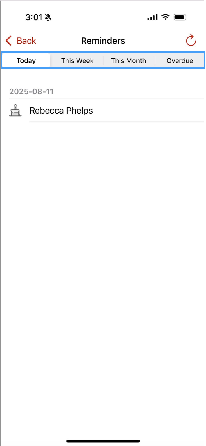 Reminders screen with the different tabs highlighted.