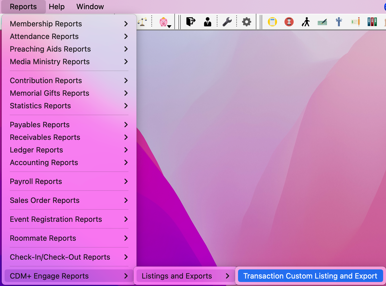 Navigation path to Transaction Custom Listing and Export report.