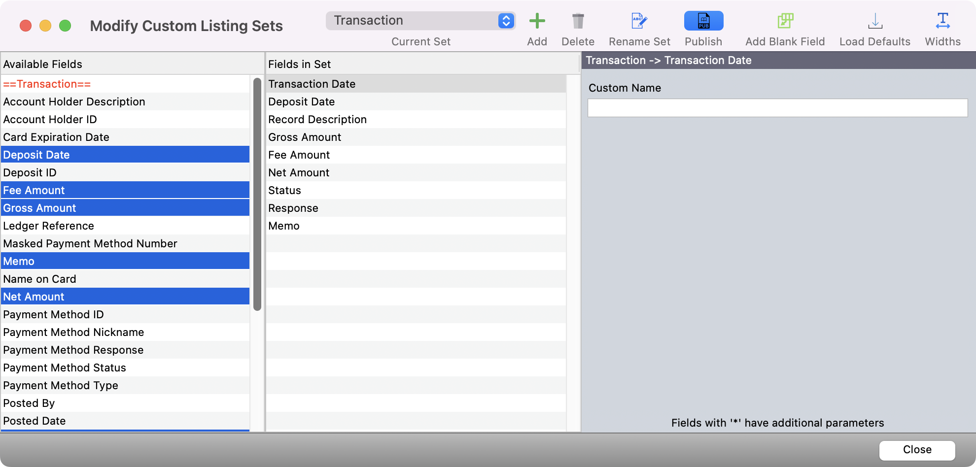 Modify Custom Listing Sets window.