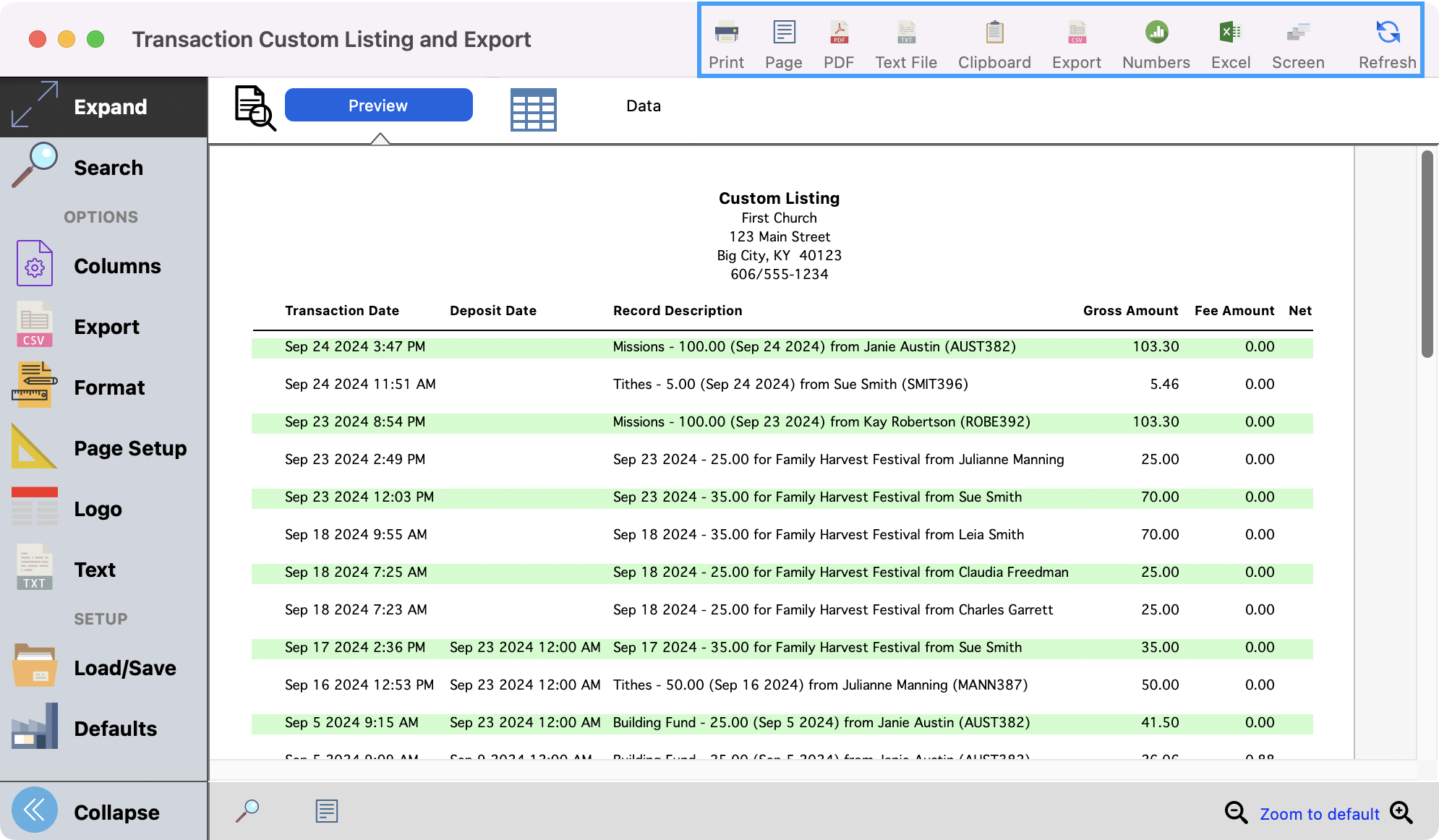 Transaction Custom Listing and Export window with print, export, and refresh options highlighted.