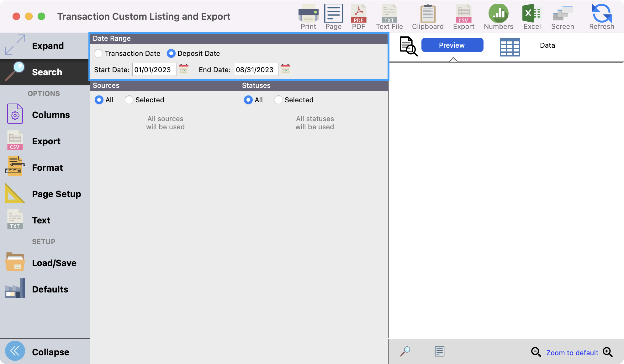 Transaction Custom Listing and Export report window with the Date Range highlighted.