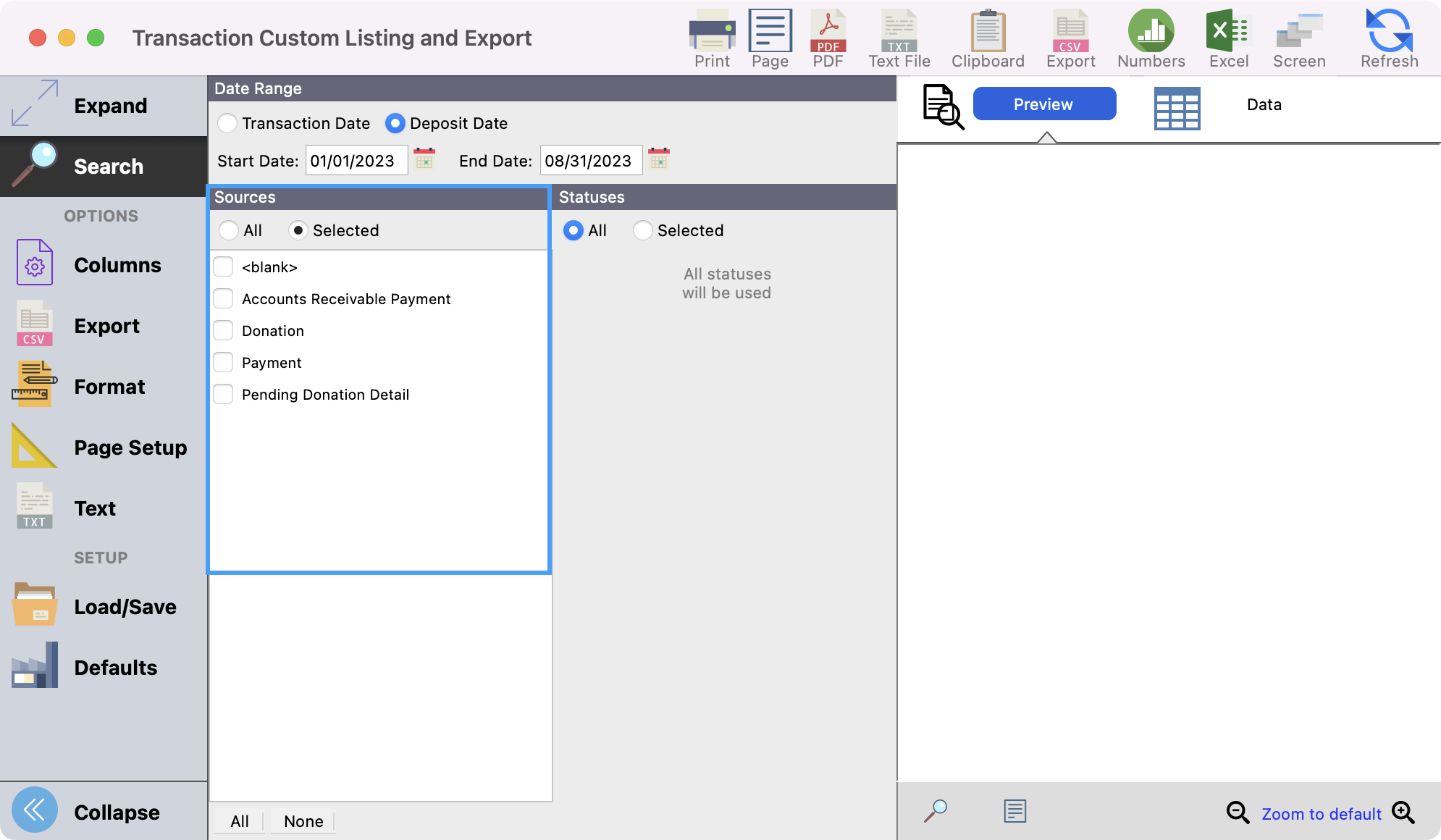 Transaction Custom Listing and Export report with Sources highlighted under Search.