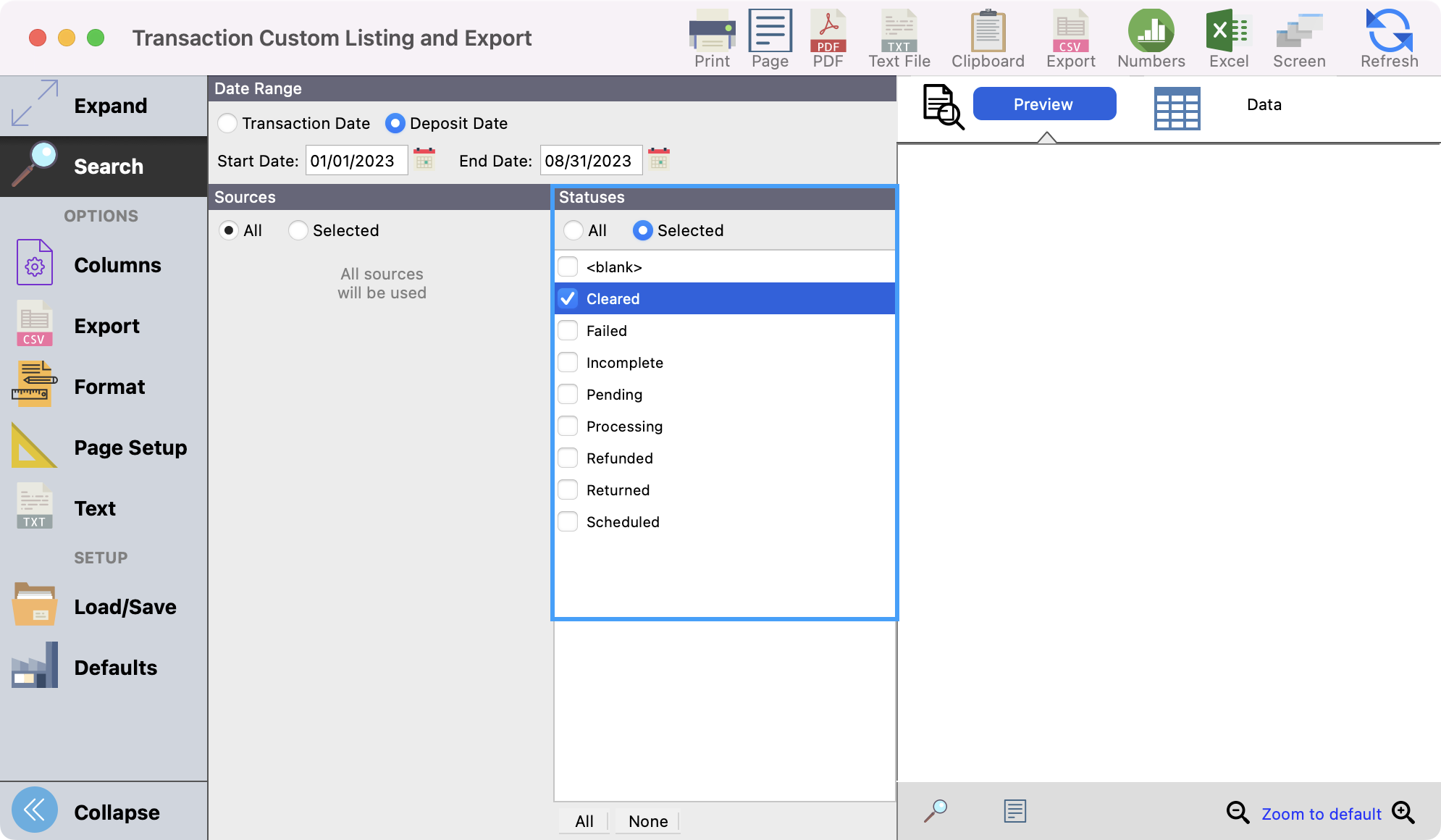 Transaction Custom Listing and Export report with Statuses highlighted under Search.