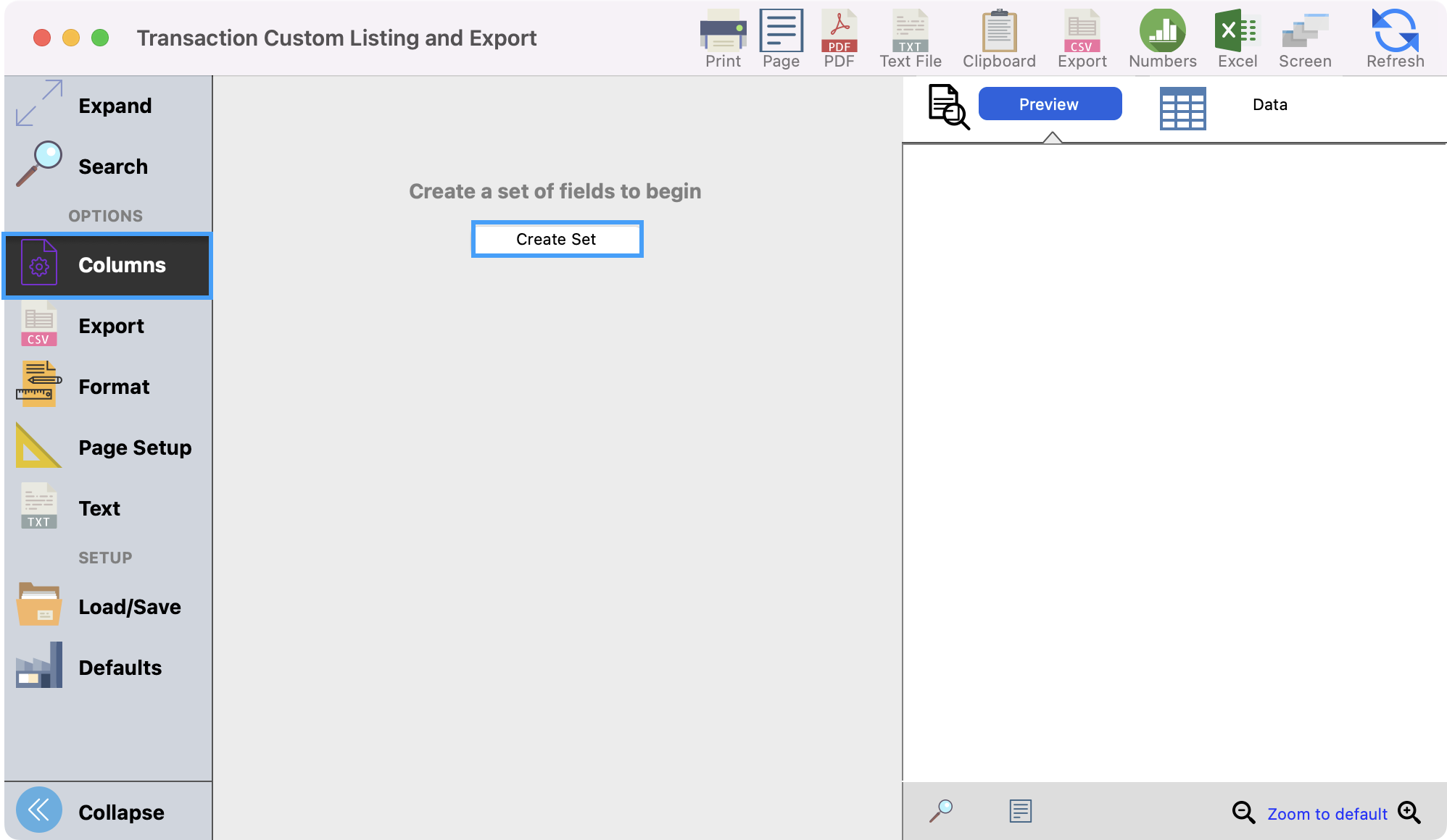 Transaction Custom Listing and Export report window with Column highlighted in the left sidebar and the Create Set button highlighted.