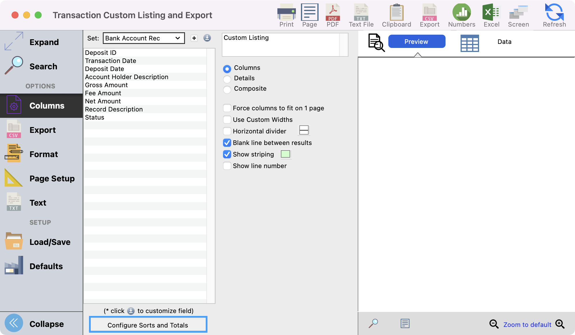 Transaction Custom Listing and Export report window with the Configure Sorts and Totals button highlighted.