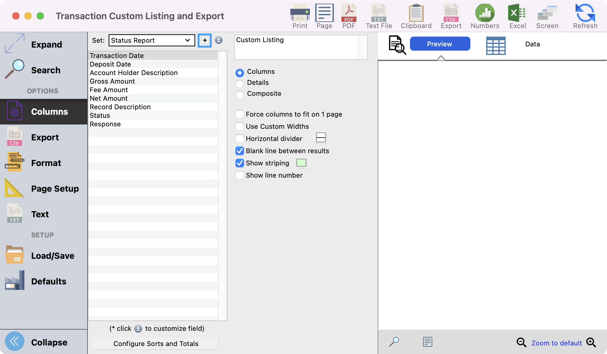 Transaction Custom Listing and Export window with the plus sign highlighted.