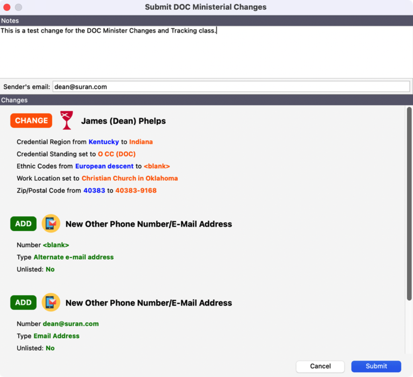 Submit DOC Ministerial Change window.