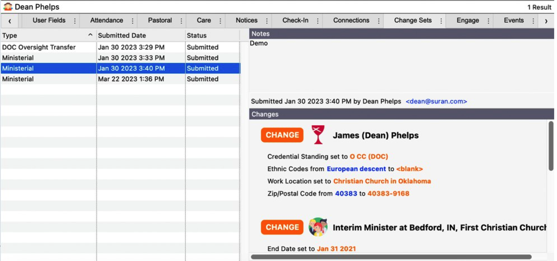 Individual record with the Change Set tab open.