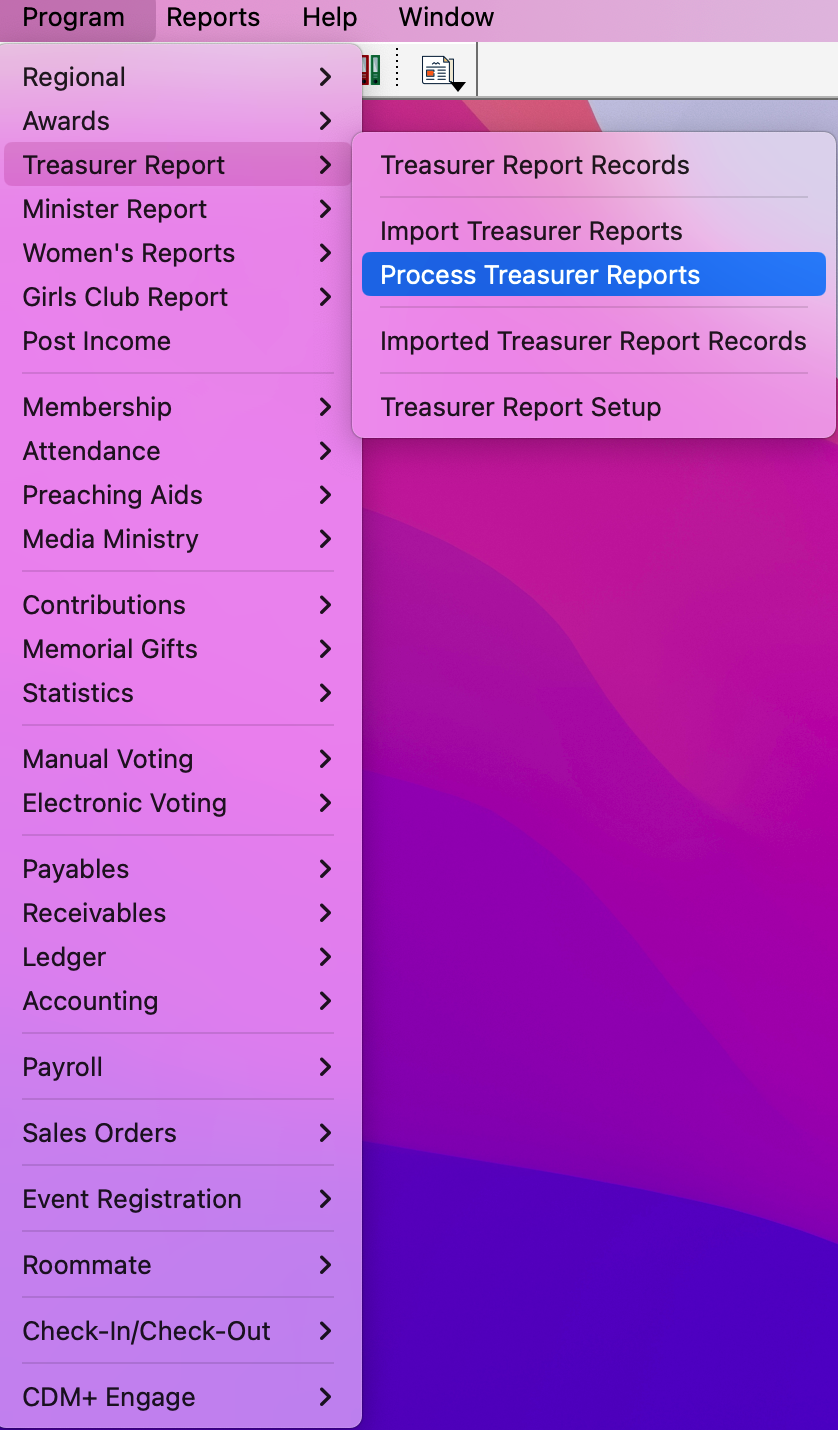 Navigation path to Process Treasurer Reports
