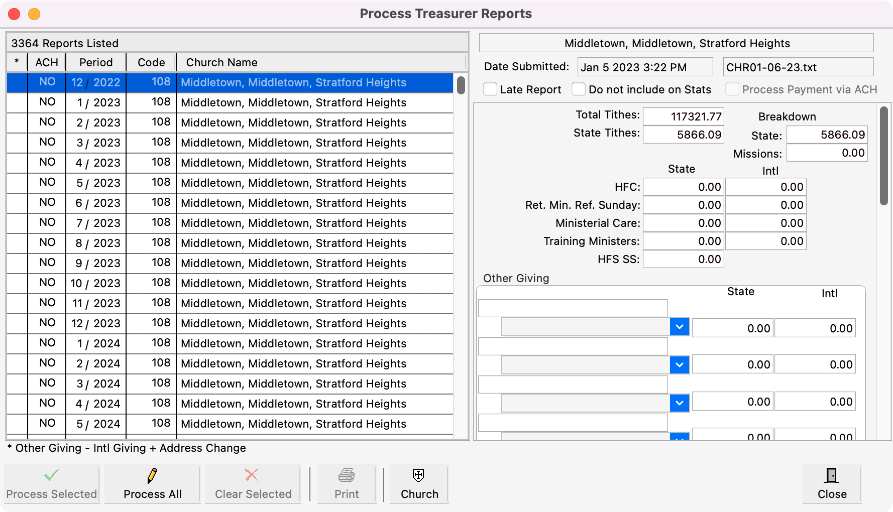 Process Treasurer Report window with a report selected. 