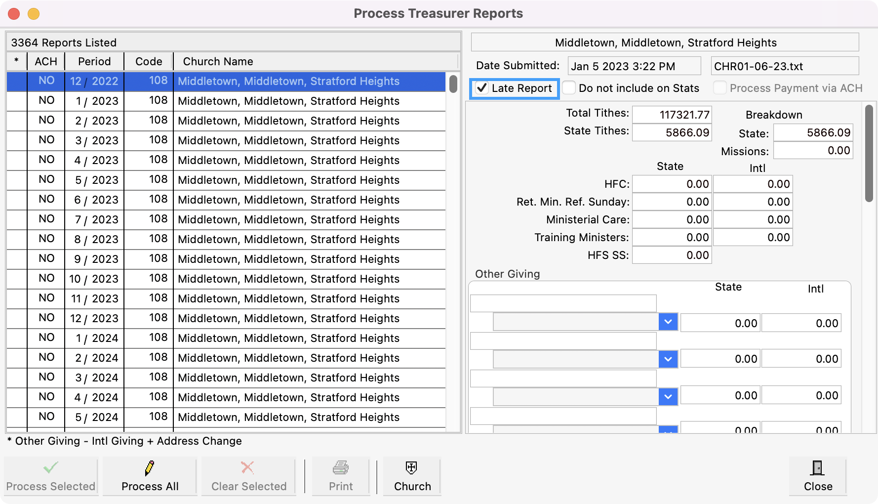 Process Treasurer Report window with the Late report checkbox highlighted.