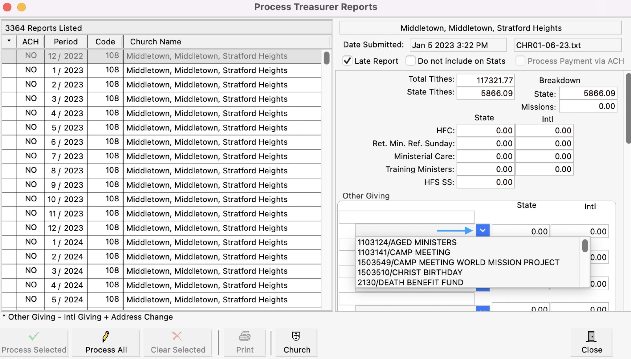 Process Treasurer Reports window with an arrow pointing to the other giving drop-down field.