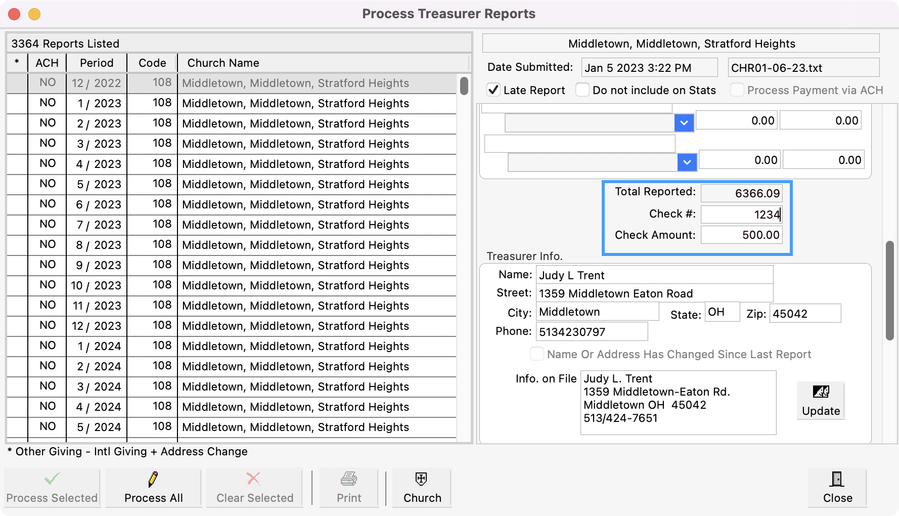 Process Treasurer Report window with the Total Reported, Check number, and Check amount fields highlighted. 