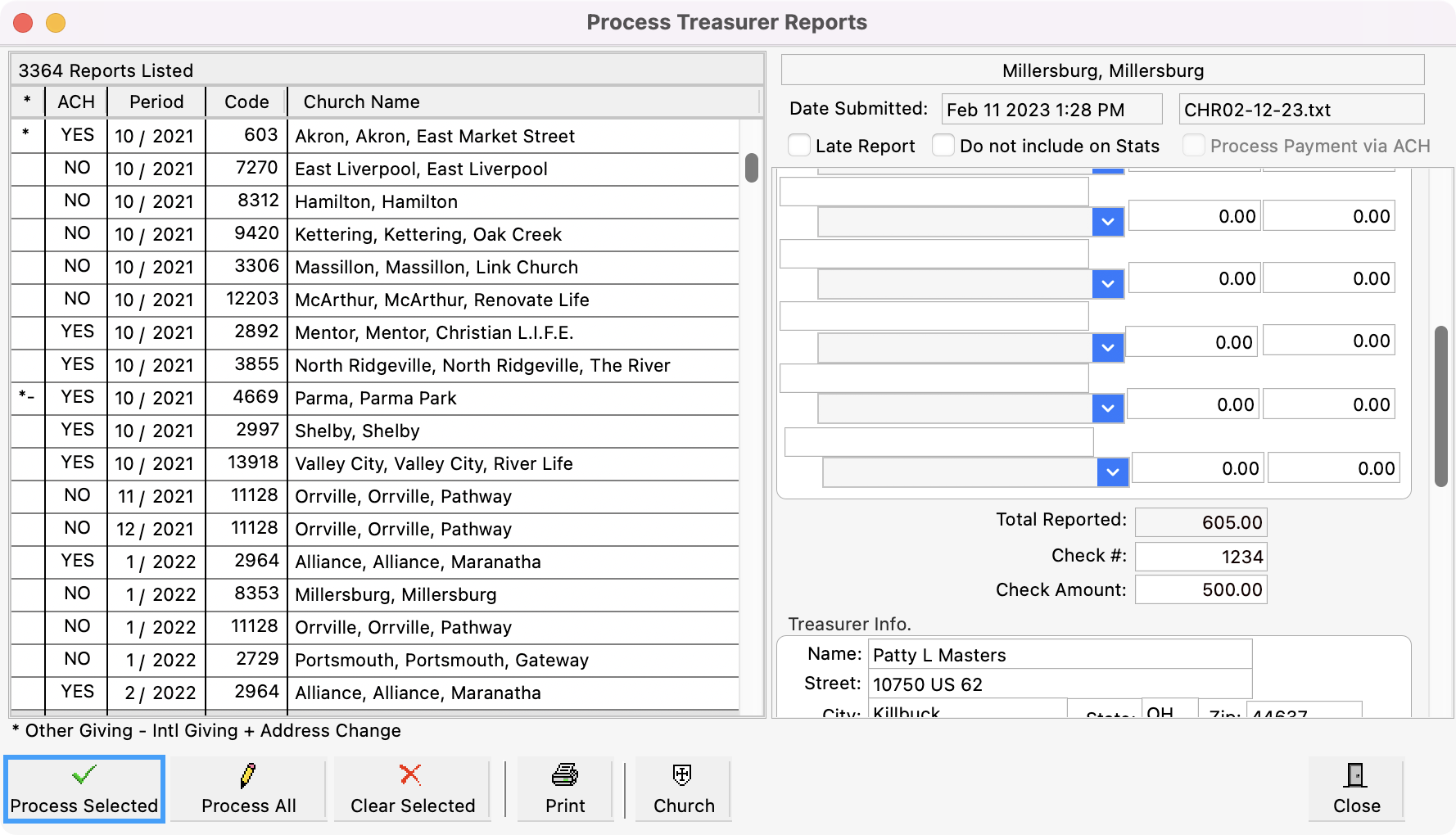 Process Treasurer Report with the Process Selected button highlighted in the bottom left-hand corner. 