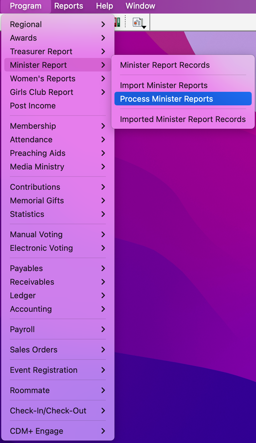 Navigation path to Process Minister Reports