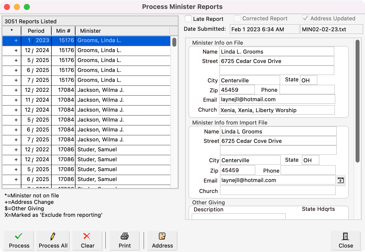 Process Minister Reports window with a report selected. 