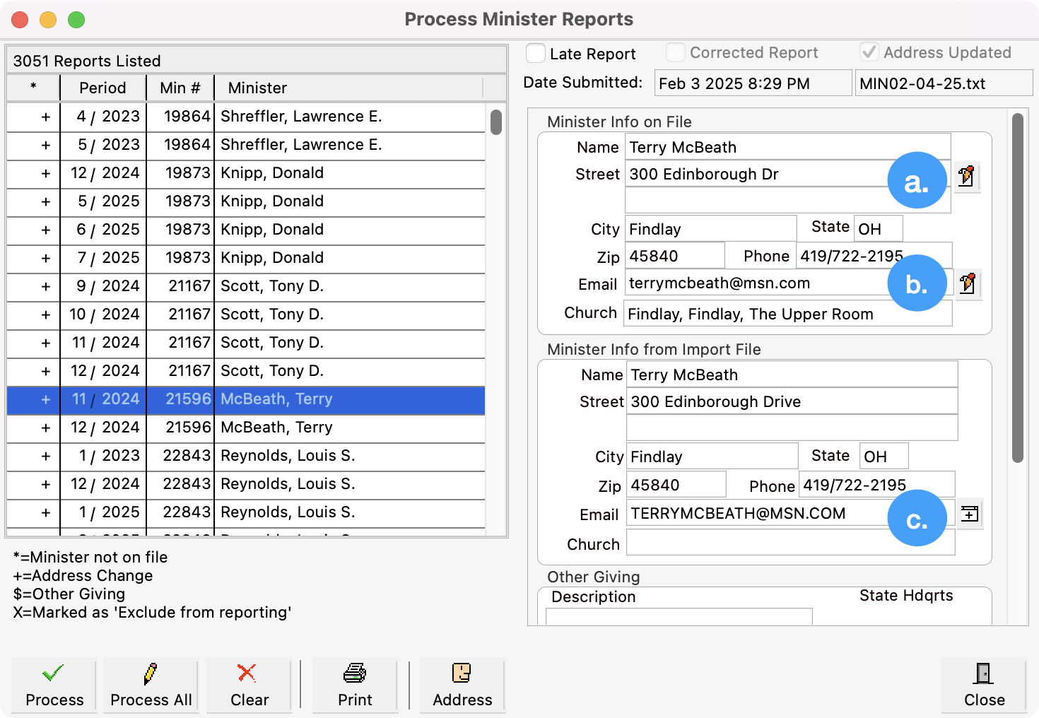 Process Minister Reports window with the changes to the address and emails pointed out on the left side.