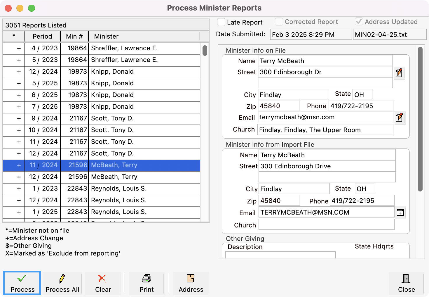Process Minister Reports window with the Process button highlited in the bottom left-hand corner.