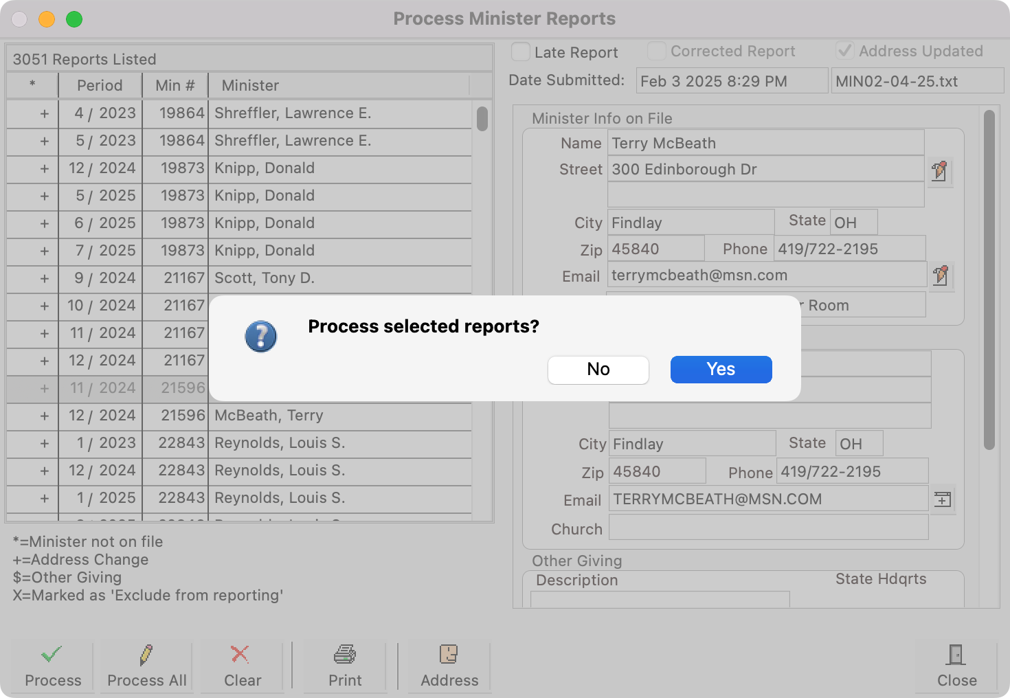 The Process Minister Reports window with the dialog box asking if you want to process selected reports.