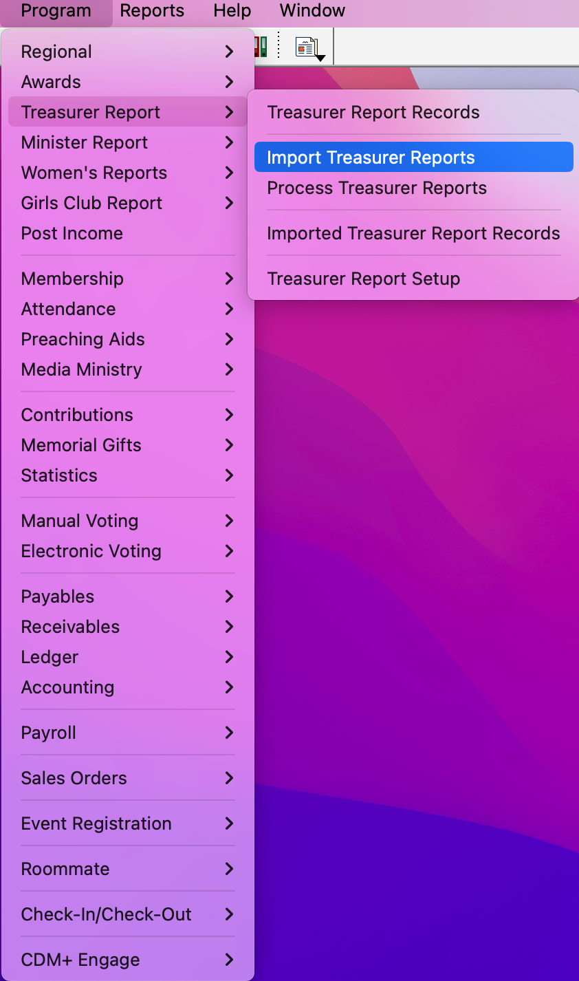 Navigation path to Import Treasurer Reports.