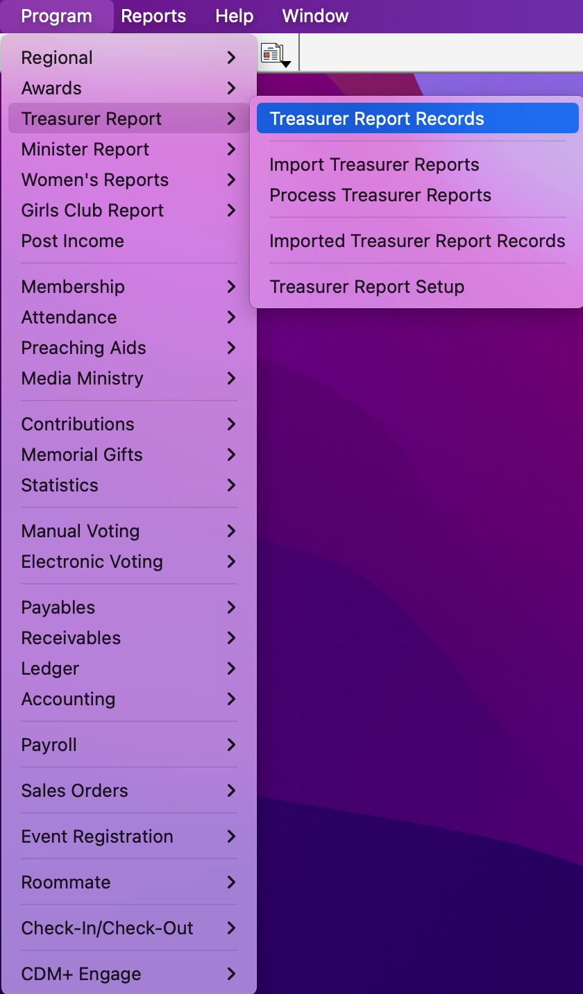 Navigation path to Treasurer Report Records.