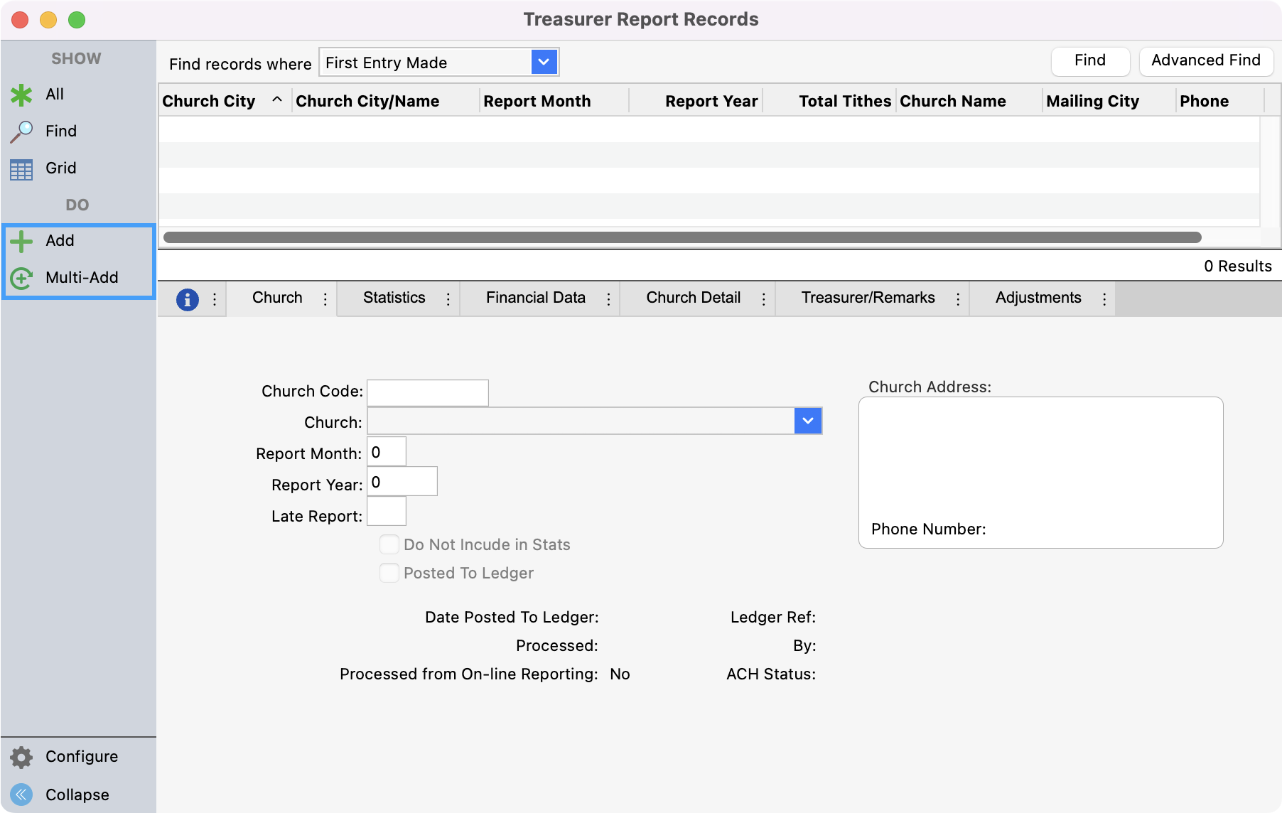 Treasurer Report Records window with Add and Multi-Add highlighted in the left sidebar.