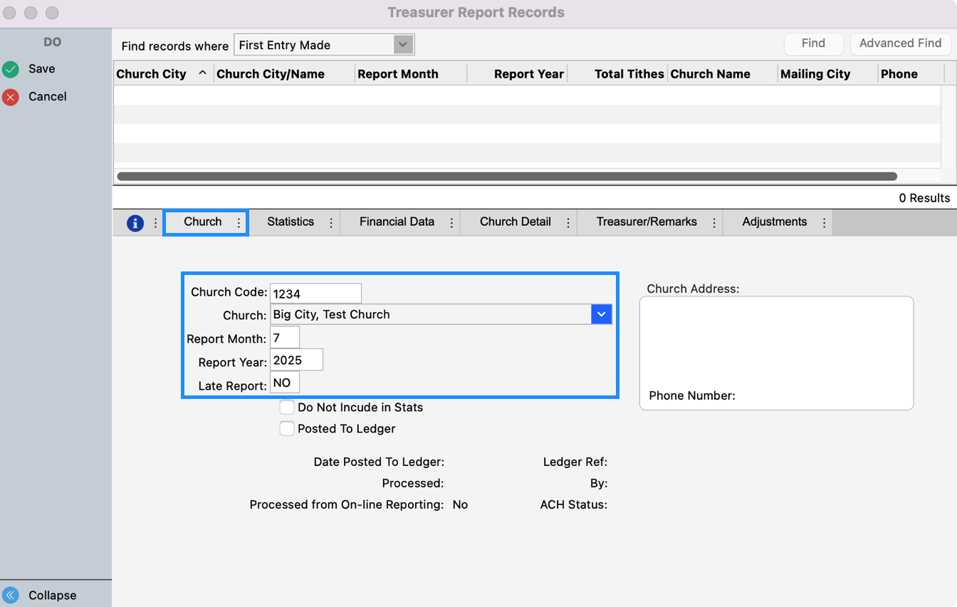Treasurer Report Records window with fields highlighted under the church tab.