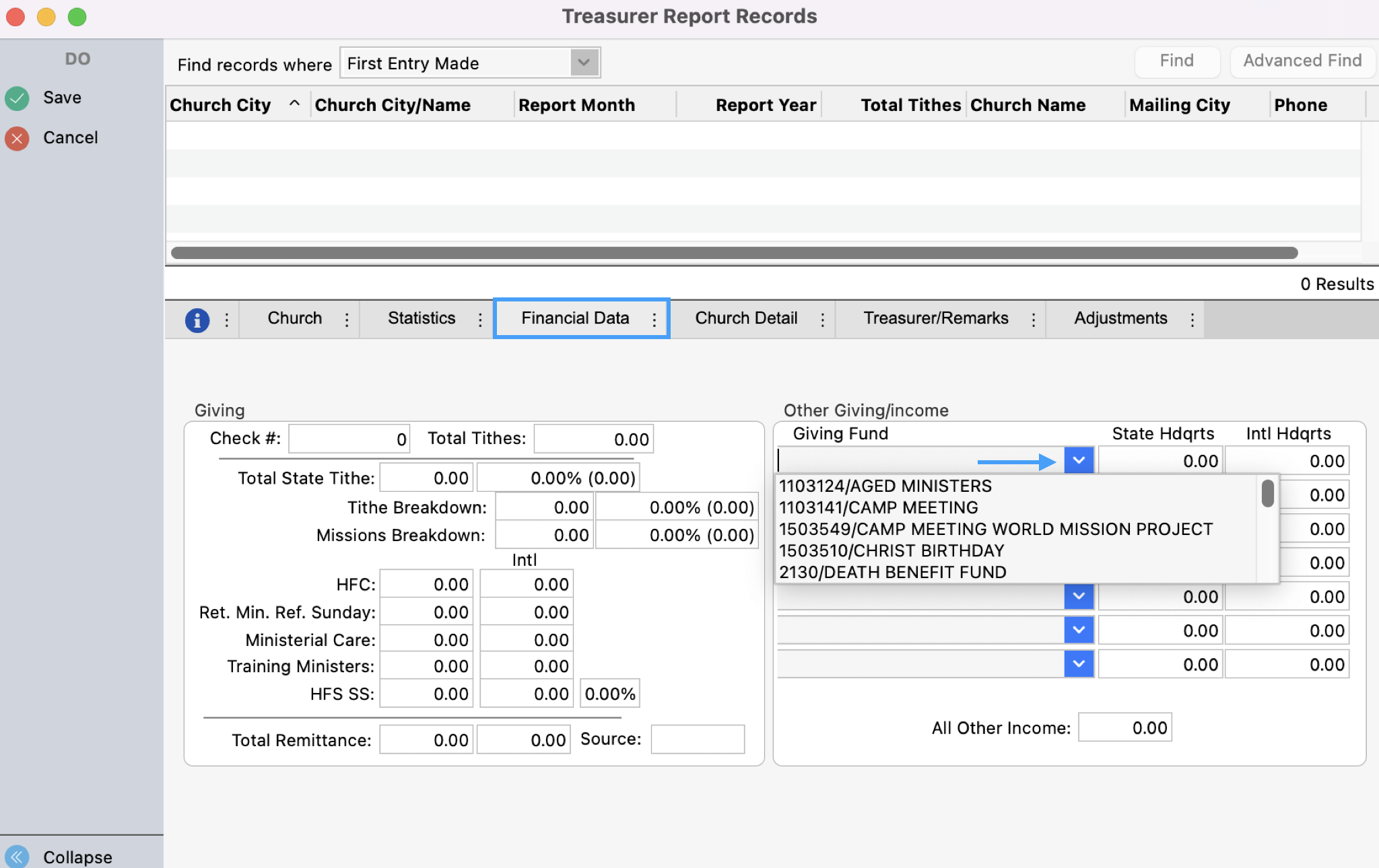 Treasurer Reports Records with the Financial Data tab highlighted and an arrow pointing to the drop-down field under Other Giving Income.