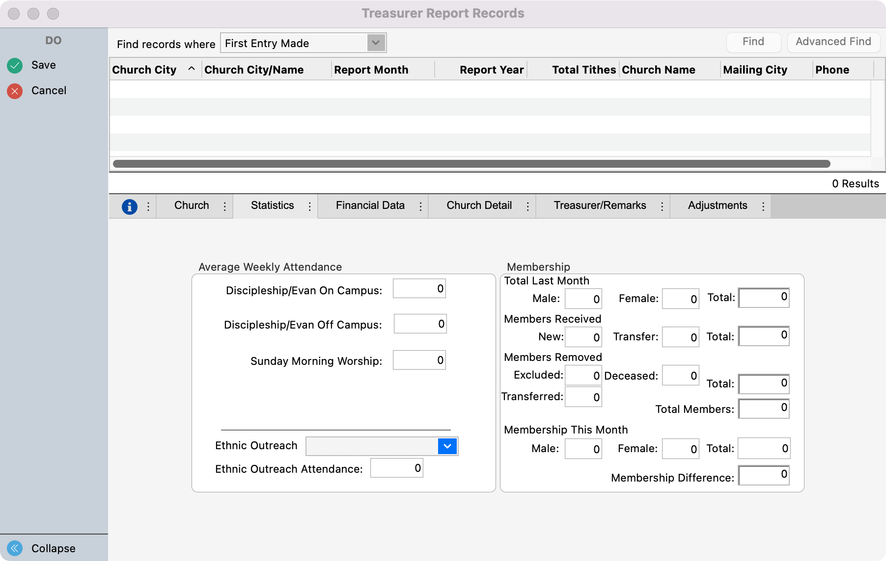 Treasurer Report Records with the Statistics tab highlighted. 