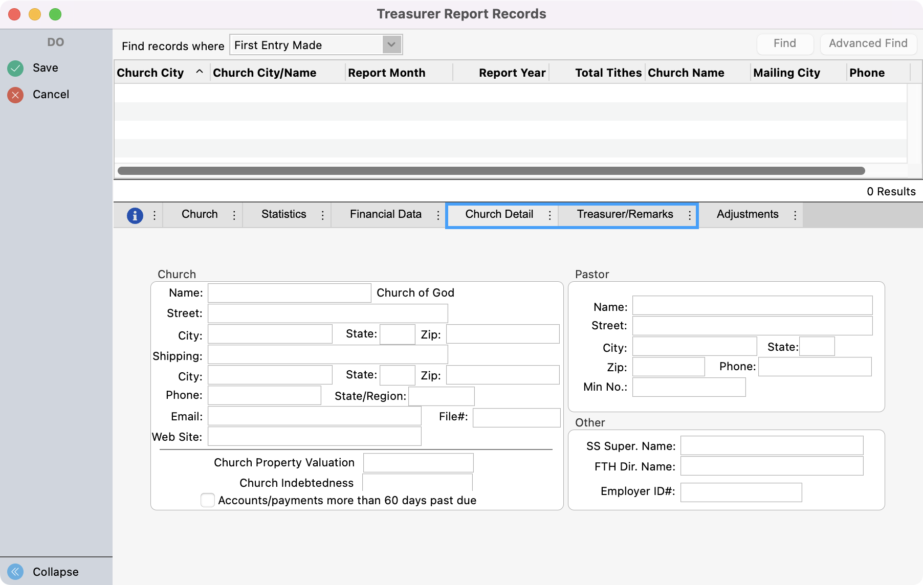 Treausurer Report Records window with the Church Detail and Treasurer-Remarks tabs highlighted.
