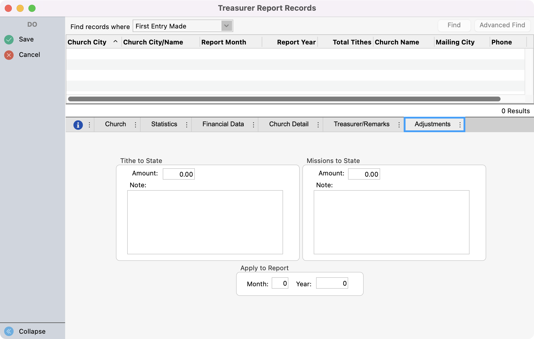 Treasurer Report Records window with the Adjustments tab highlighted.