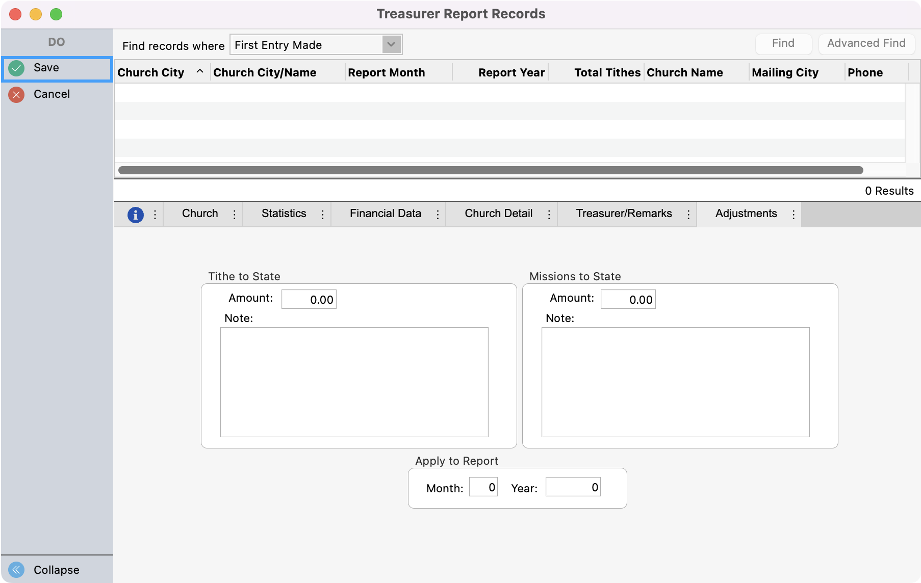 Treasurer Report Record window with the save button highlighted in the left sidebar. 