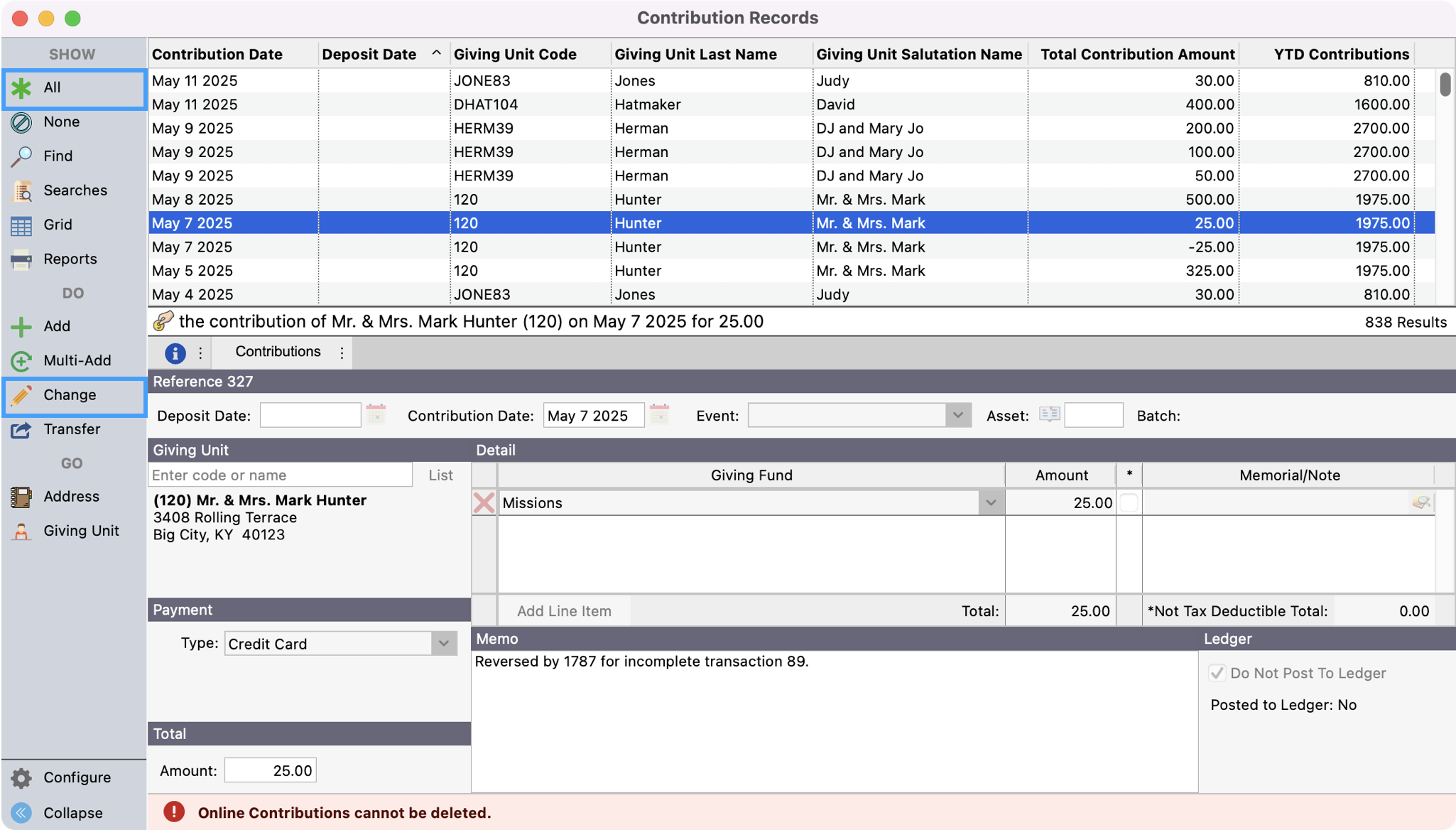 Contribution Record window with Add and Change highlighted in the left sidebar.