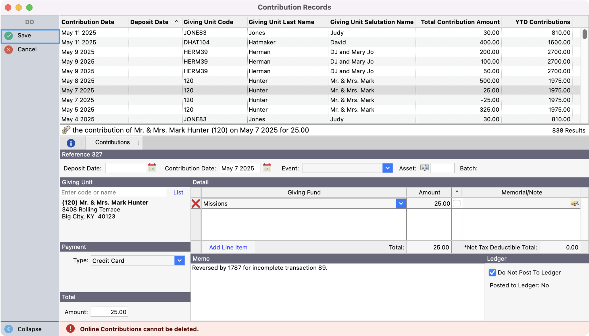 Contribution records window with Save highlighted in the left sidebar. 