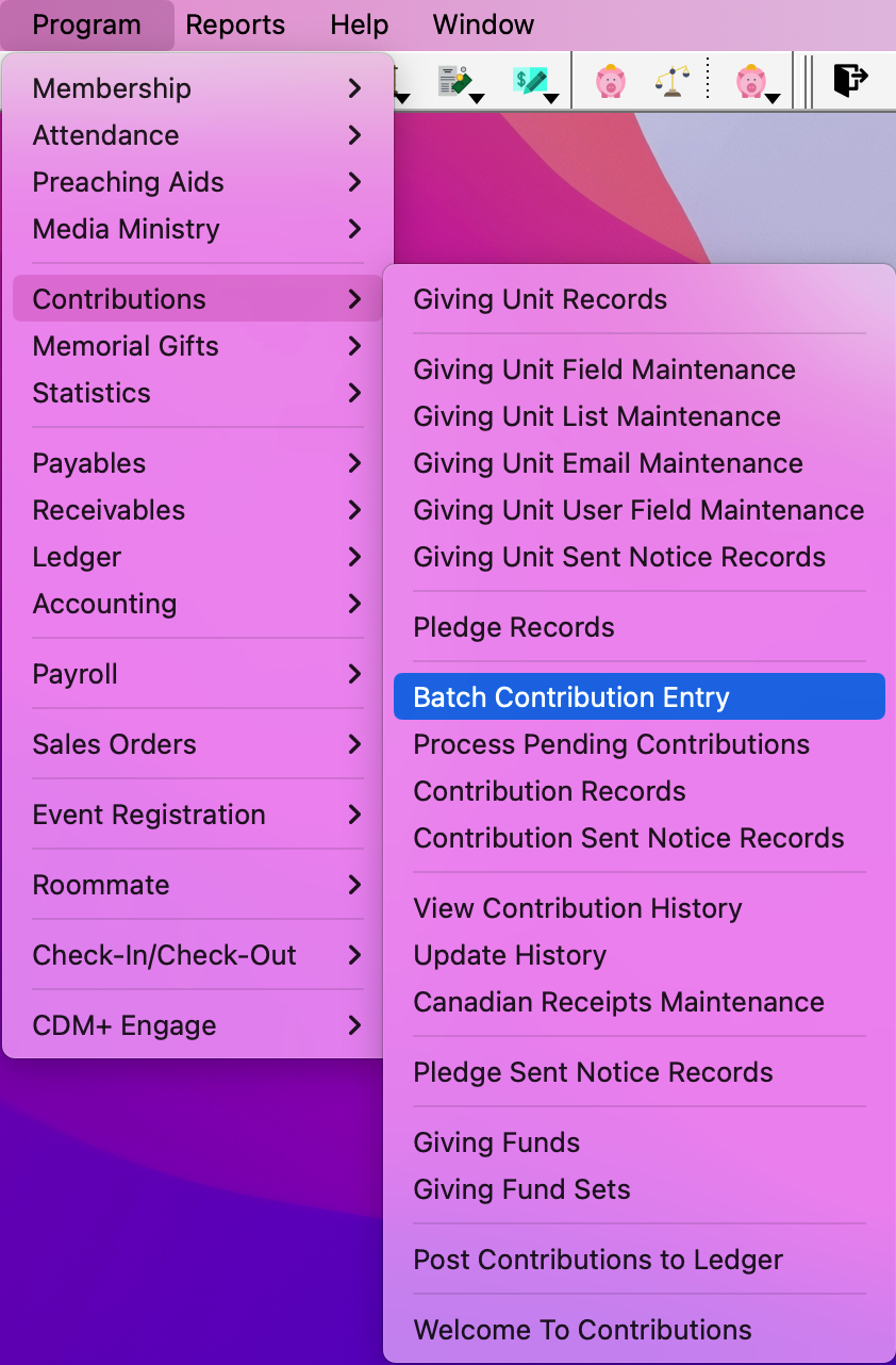 Navigation path to Batch Contribution Entry