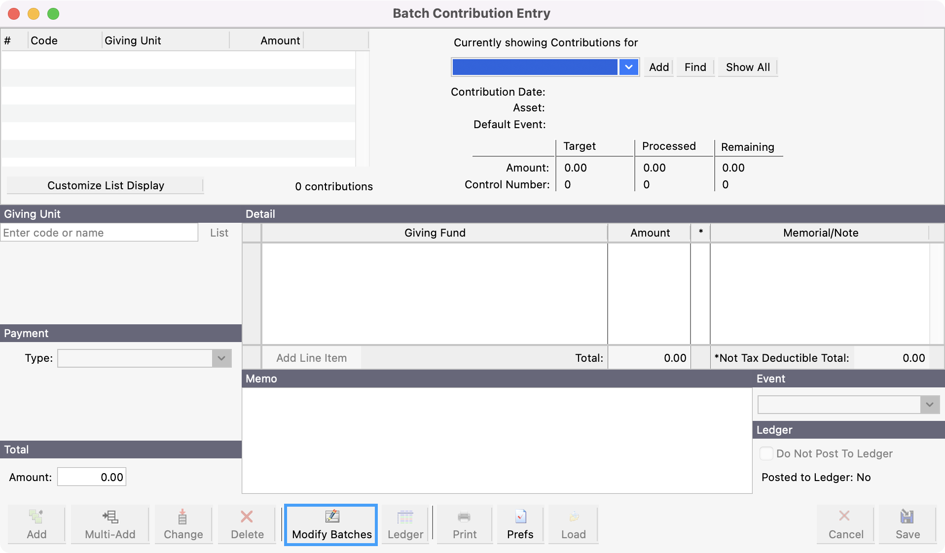 Batch Contribution Entry window with the Modify Batches button highlighted at the bottom. 