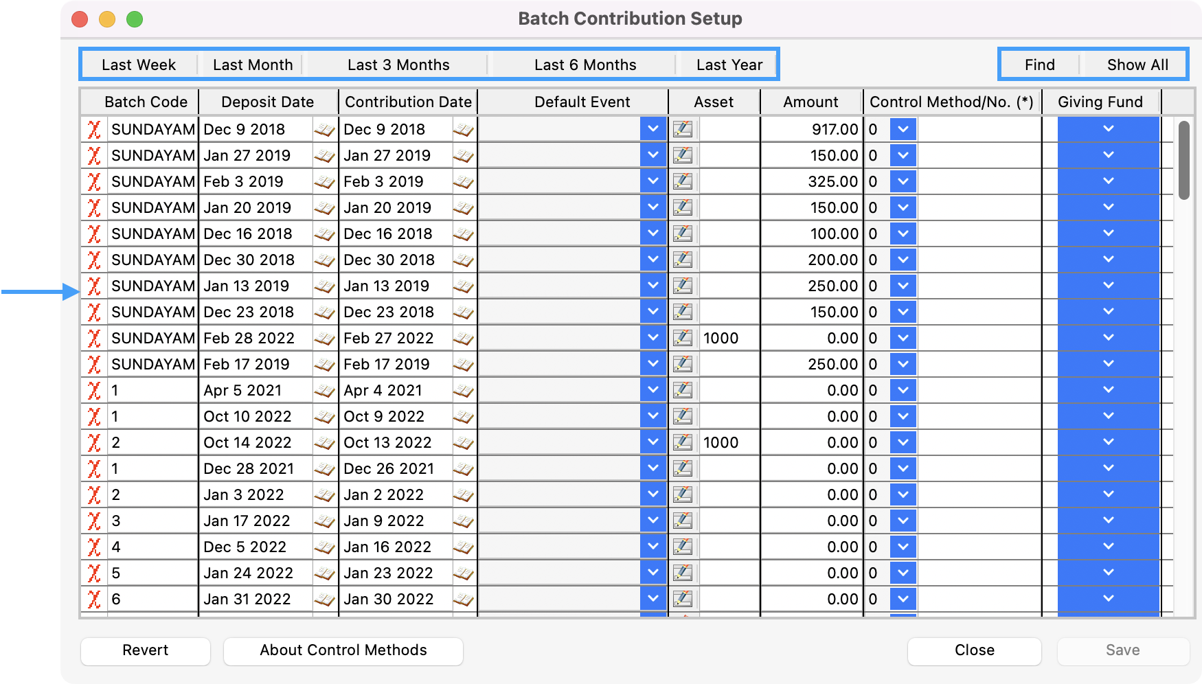 Batch Contribution Setup window with the jump find buttons highlighted at the top and an arrow pointing to a red x .