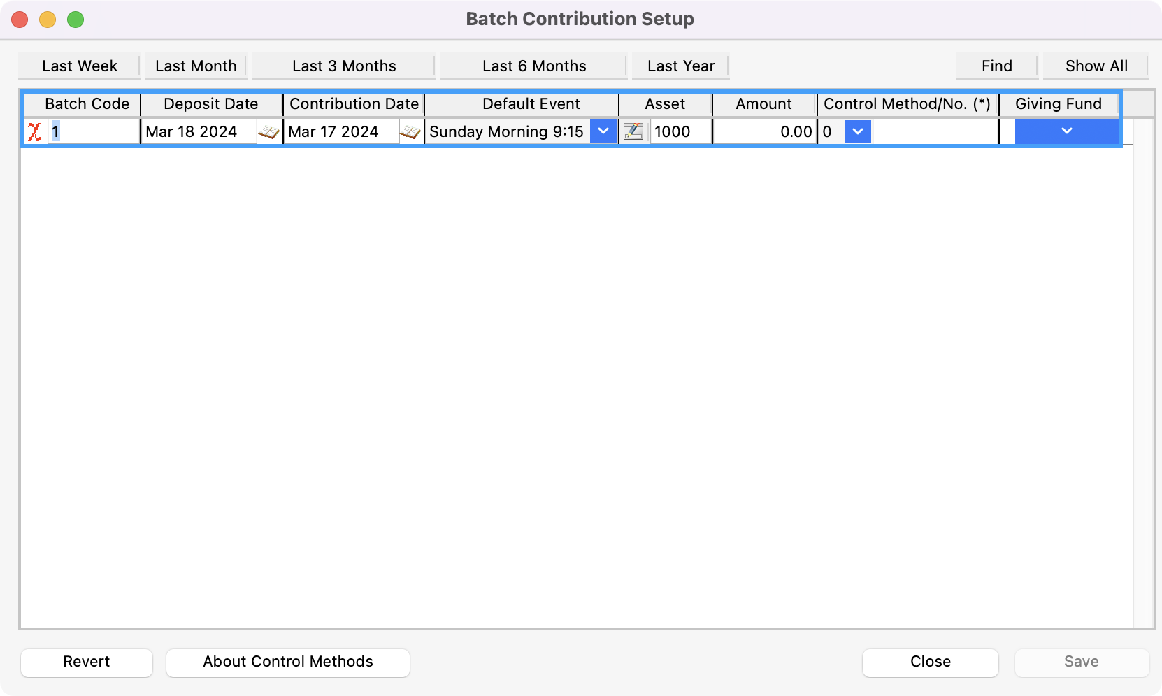 Batch Contribution Setup with Batch Code, Deposit Date, Contribution Date, Default Event, Asset, Amount, Control Method, and Giving Fund fields highlighted.