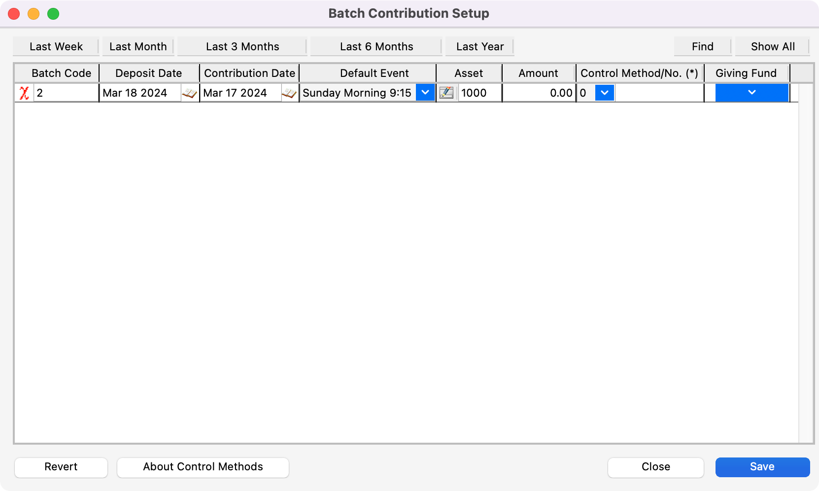 Batch Contribution Setup window with Save clickable.